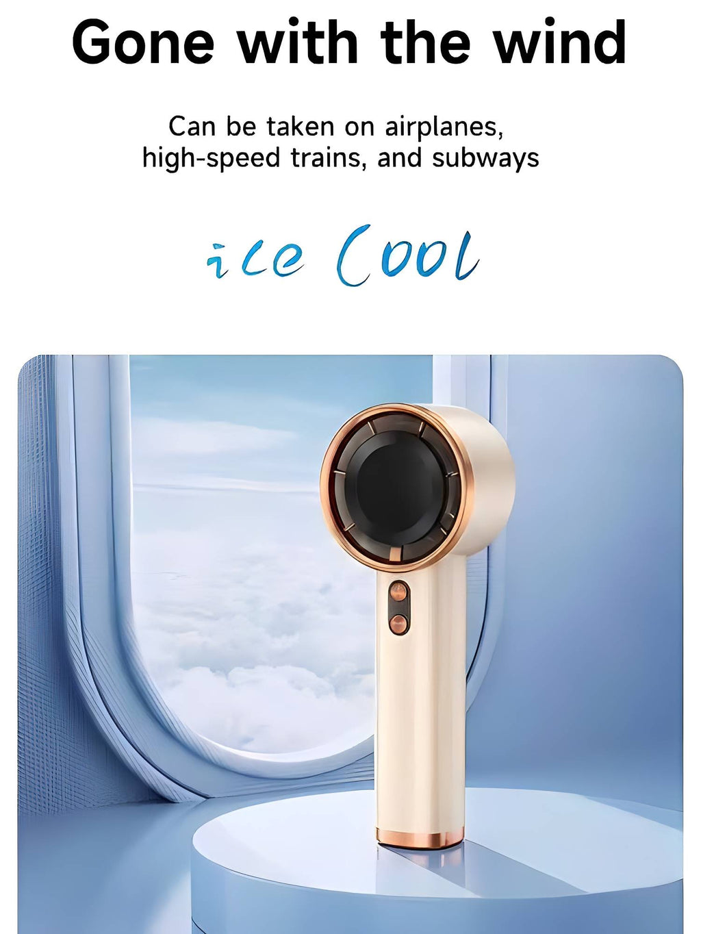 PHOLAS Portable Turbo Fan, cream handheld fan with rose-gold ring