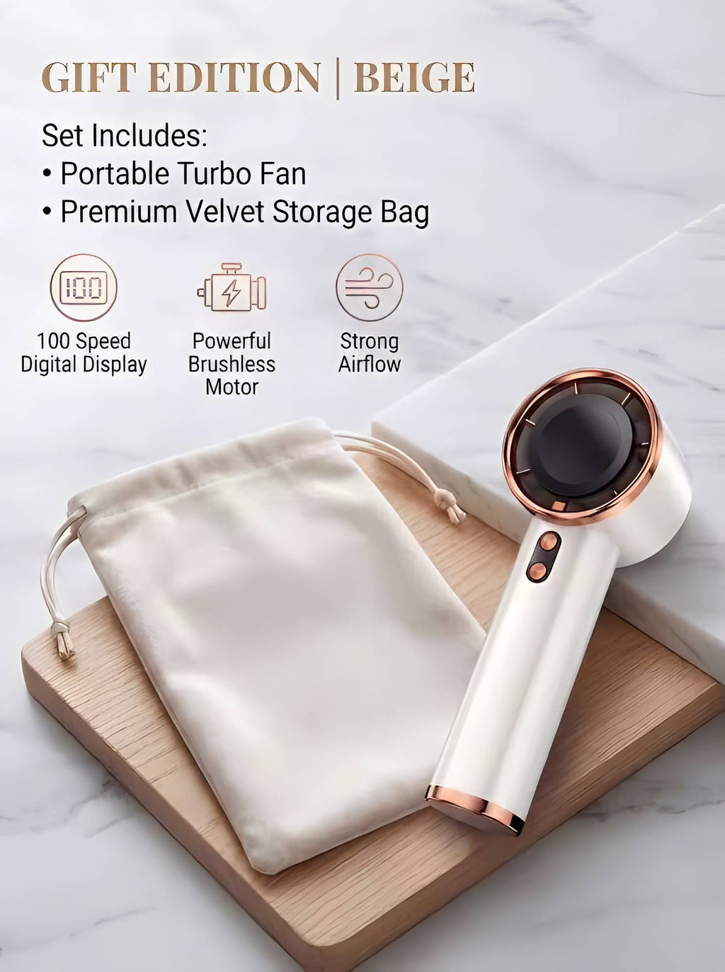 PHOLAS Portable Turbo Fan, cream handheld fan with rose-gold ring