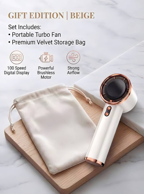 PHOLAS Portable Turbo Fan, cream handheld fan with rose-gold ring