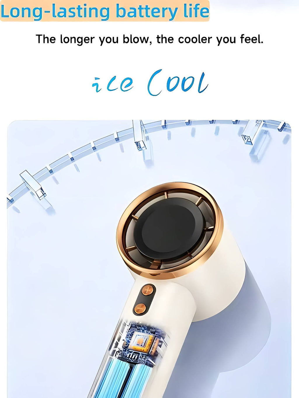 PHOLAS Portable Turbo Fan, cream handheld fan with rose-gold ring