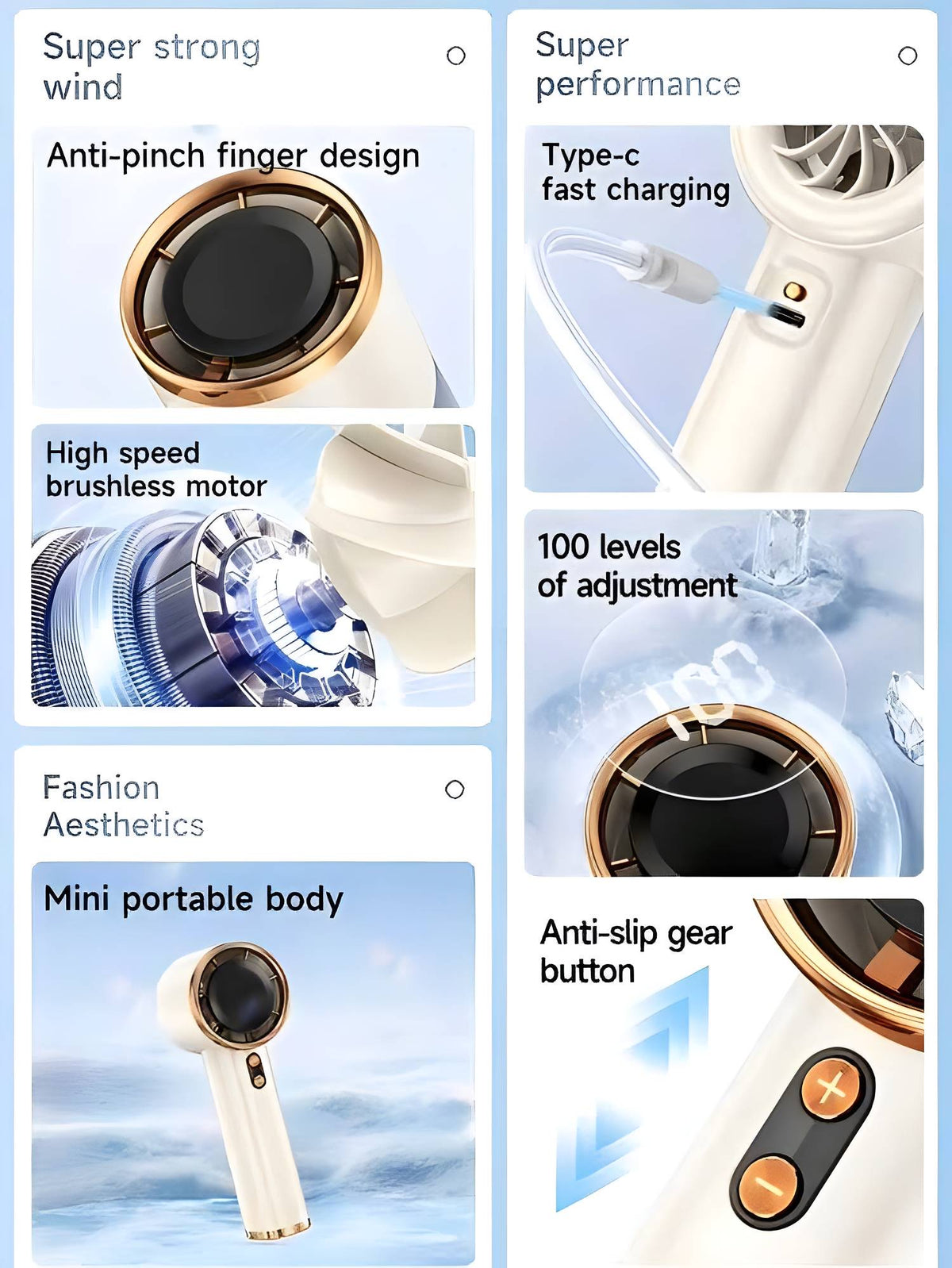 PHOLAS Portable Turbo Fan, cream handheld fan with rose-gold ring